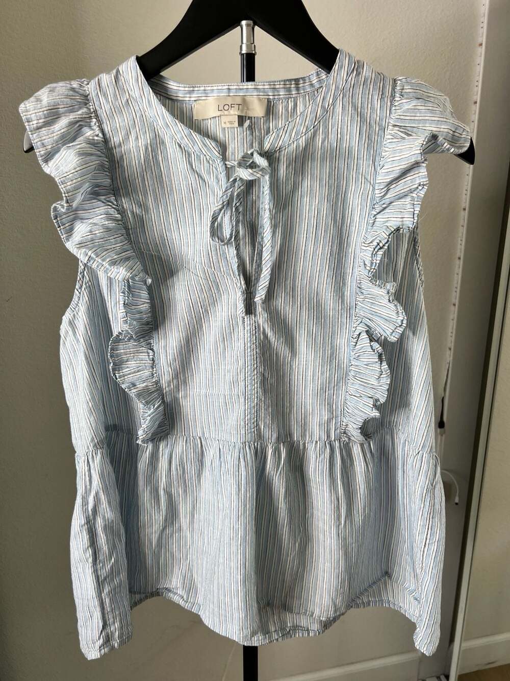 LOFT Striped Ruffle Tie Neck Peplum Sleeveless Blouse - Picture 7 of 11
